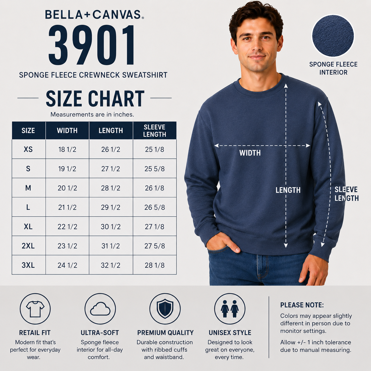 Bella + Canvas Adult Unisex Sponge Fleece Crewneck Sweatshirt (3901)