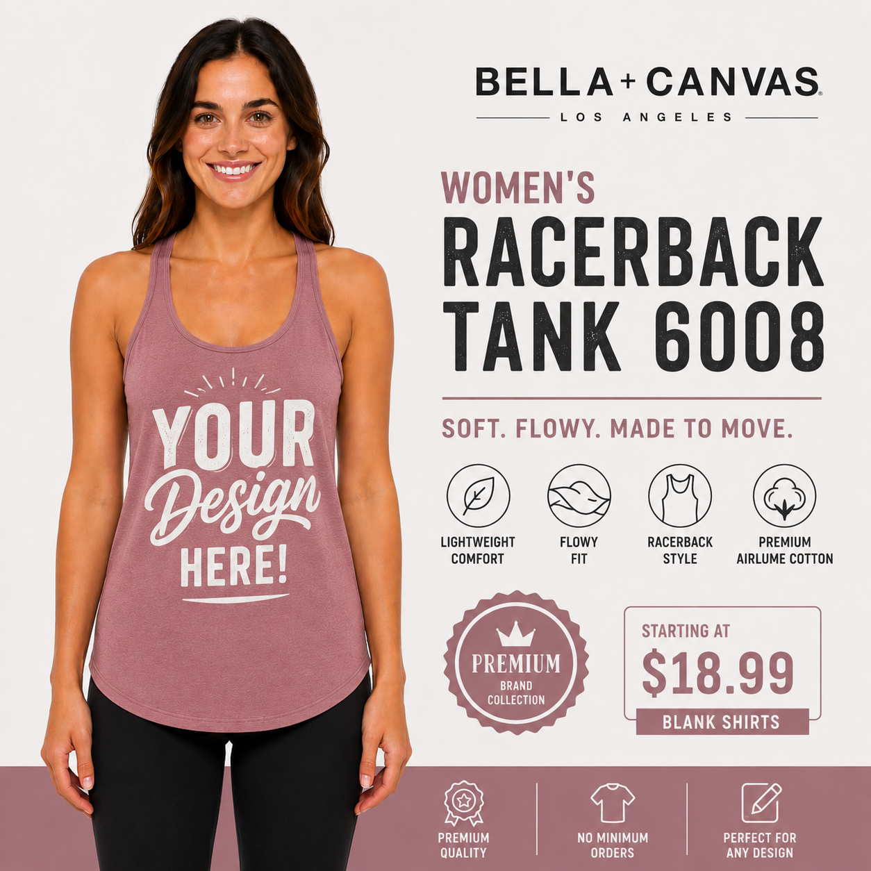 Bella + Canvas  Women's Racerback Tank | Airlume Cotton Flowy Tank Top (6008)