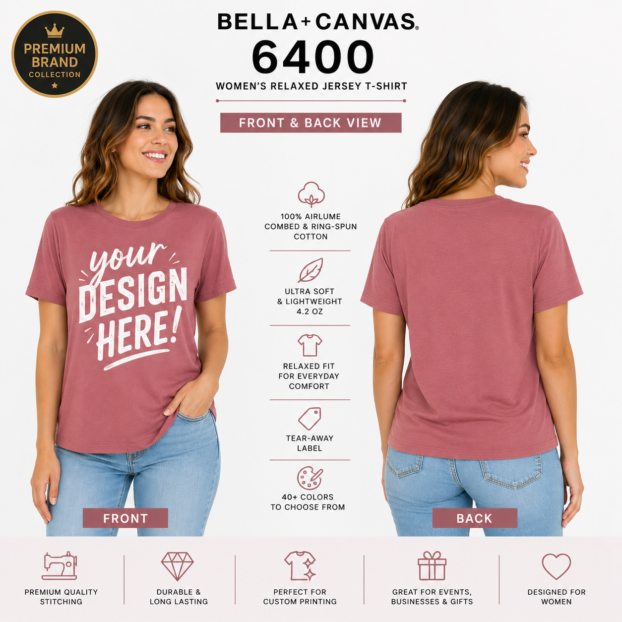 Bella + Canvas Women's Relaxed Jersey T-Shirt | Airlume Cotton Tee (6400)