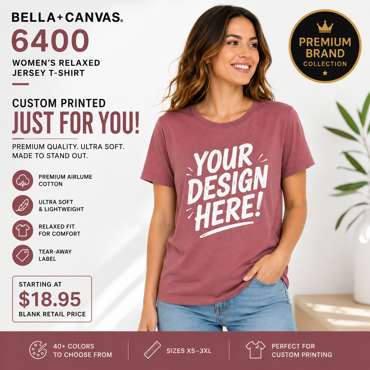 Bella + Canvas Women's Relaxed Jersey T-Shirt | Airlume Cotton Tee (6400)