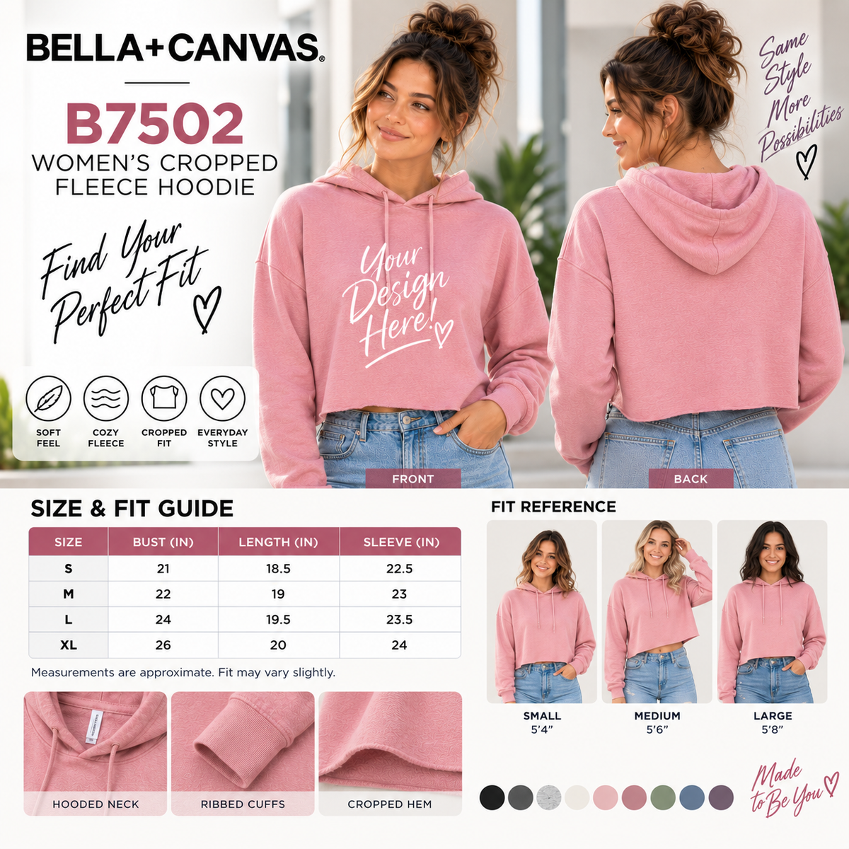 Bella + Canvas  Women's Cropped Fleece Hoodie (B7502)