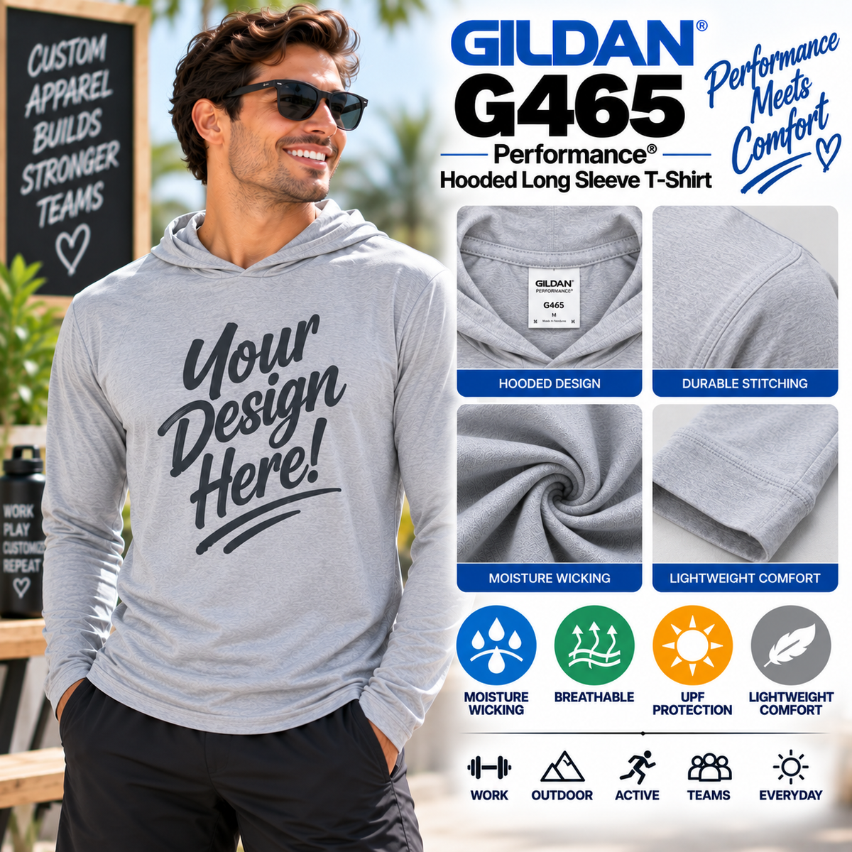 Gildan Adult Unisex Performance® Hooded Long Sleeve T-Shirt (G465)