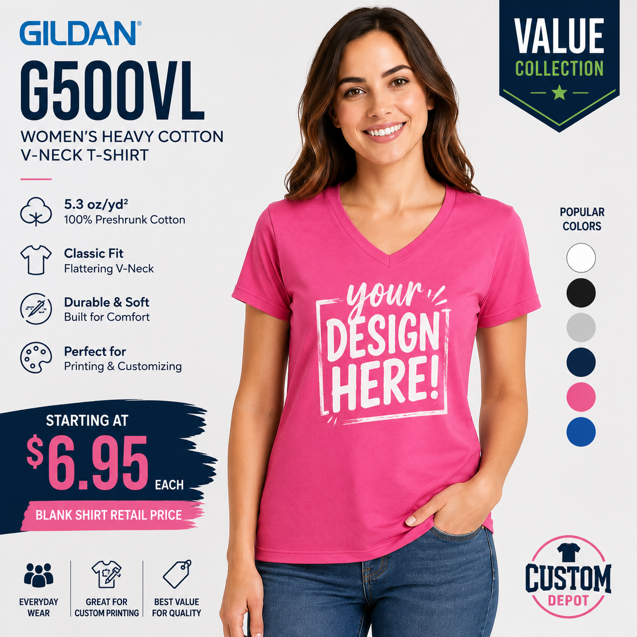Gildan  Women’s Heavy Cotton V-Neck T-Shirt (G500VL)