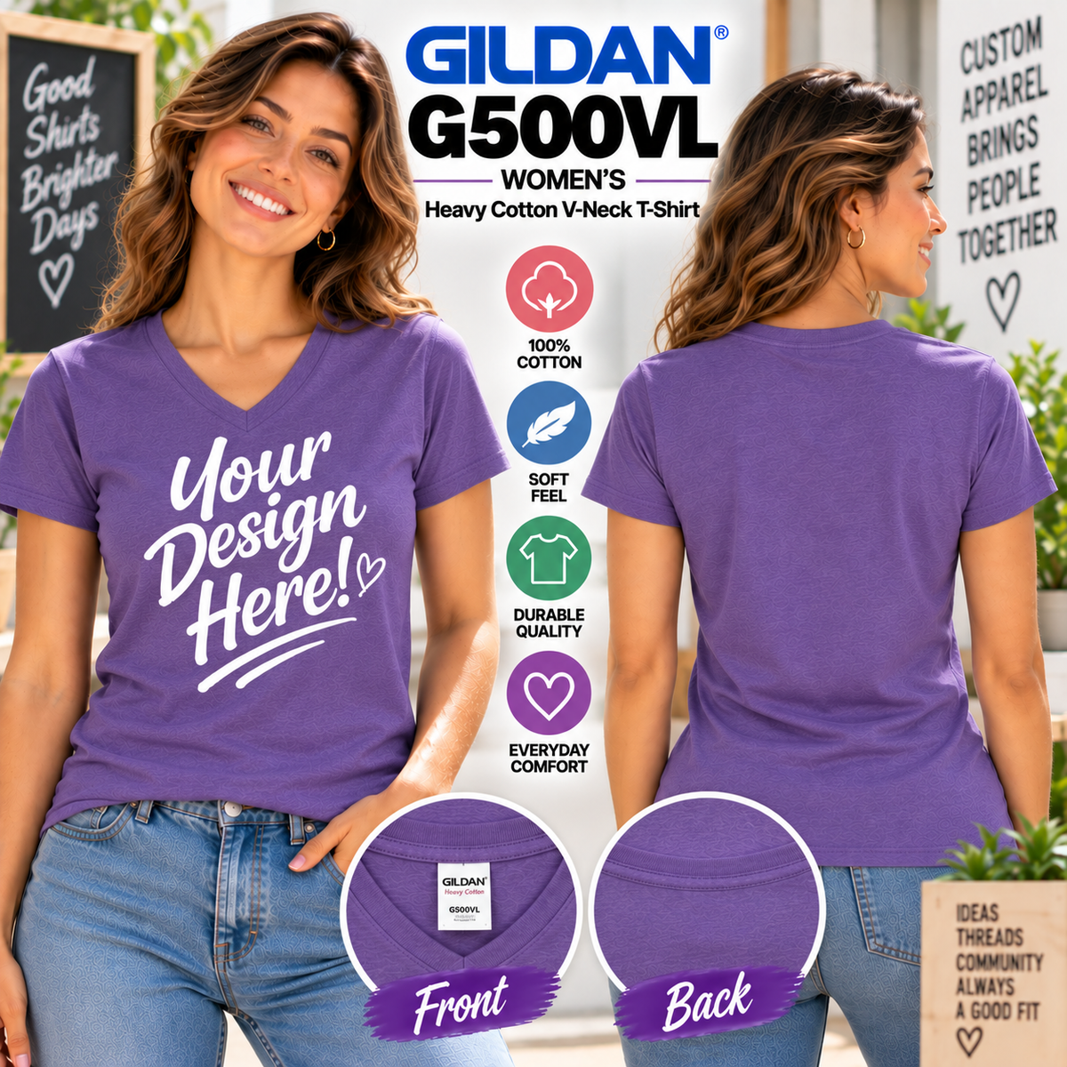 Gildan  Women’s Heavy Cotton V-Neck T-Shirt (G500VL)
