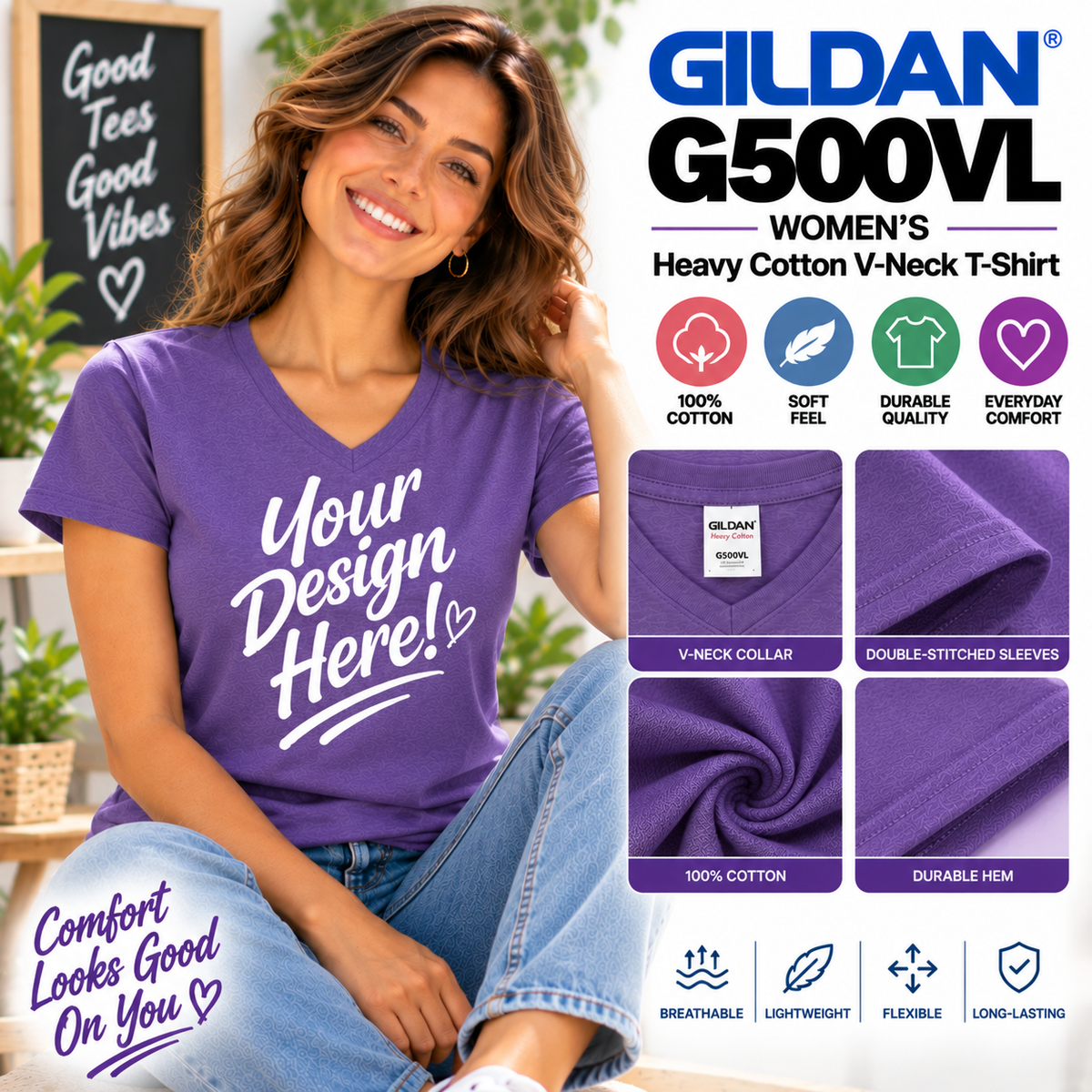 Gildan  Women’s Heavy Cotton V-Neck T-Shirt (G500VL)