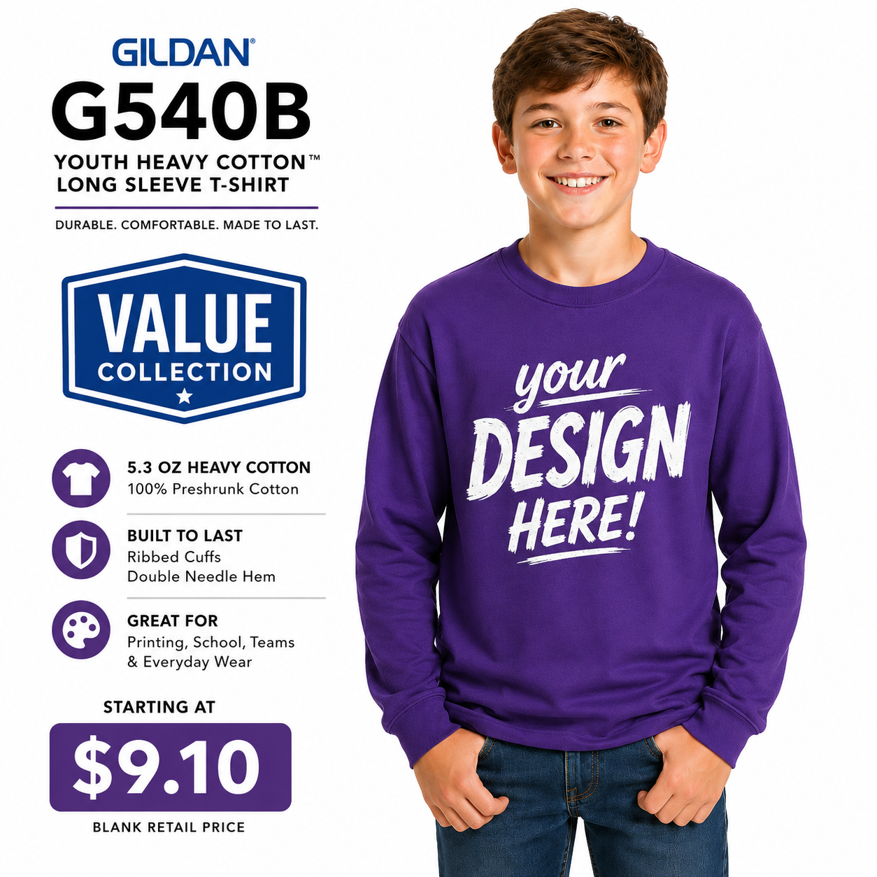Gildan Heavy Cotton Long Sleeve Youth T-Shirt (G540B)