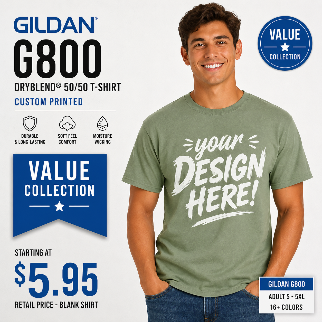 Gildan Unisex DryBlend® 50/50 Moisture-Wicking Performance Tee (G800)