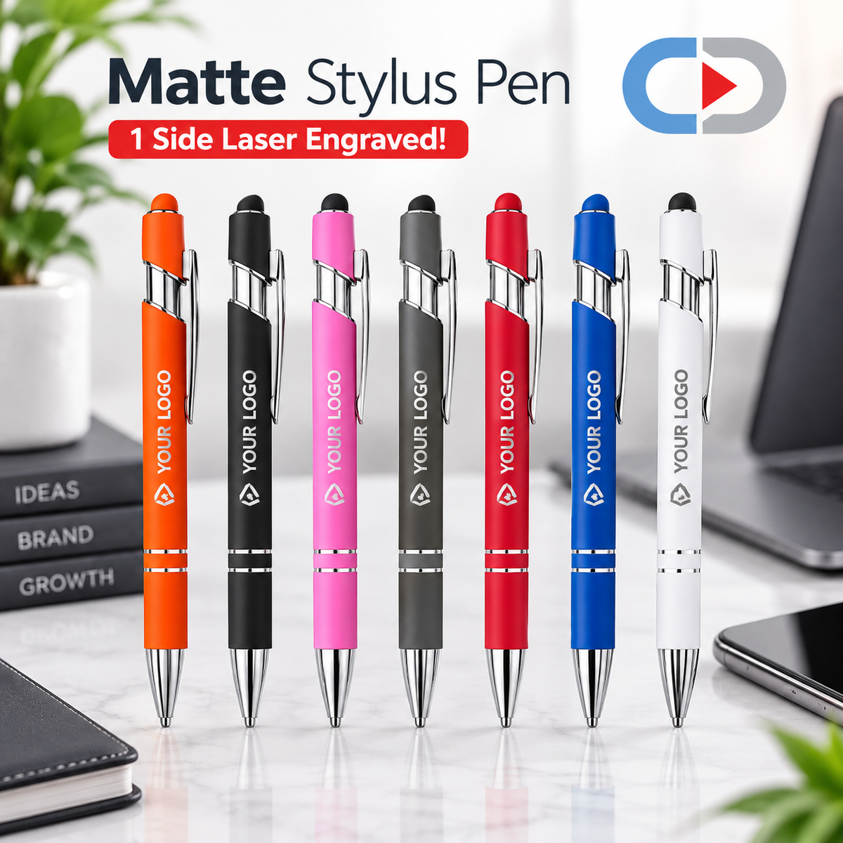 Custom Matte Stylus Pens with 1 Side Laser Engraving | Personalized Business Logo Pens
