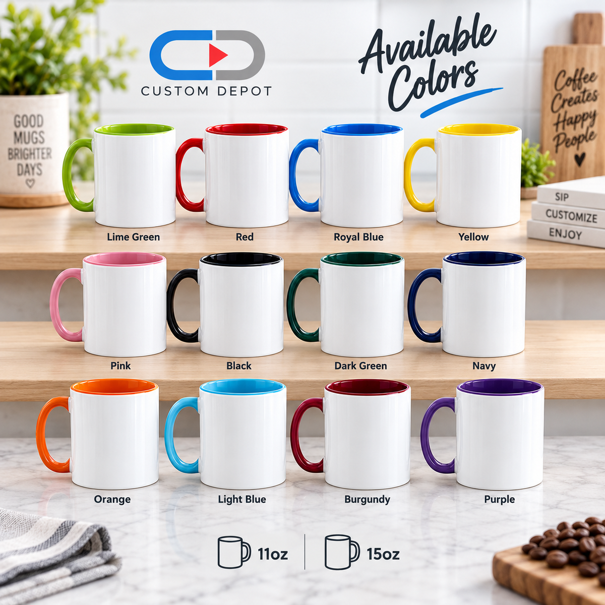 Personalized Ceramic Coffee Mugs – Custom Logo & Photo Printing | 11oz & 15oz | 12 Accent Colors