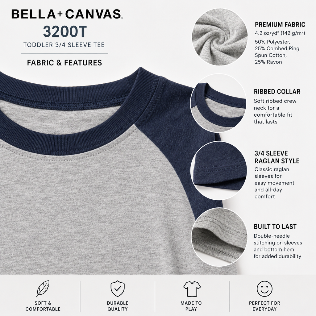 Bella + Canvas Toddler 3/4 Sleeve Baseball Tee (3200T)