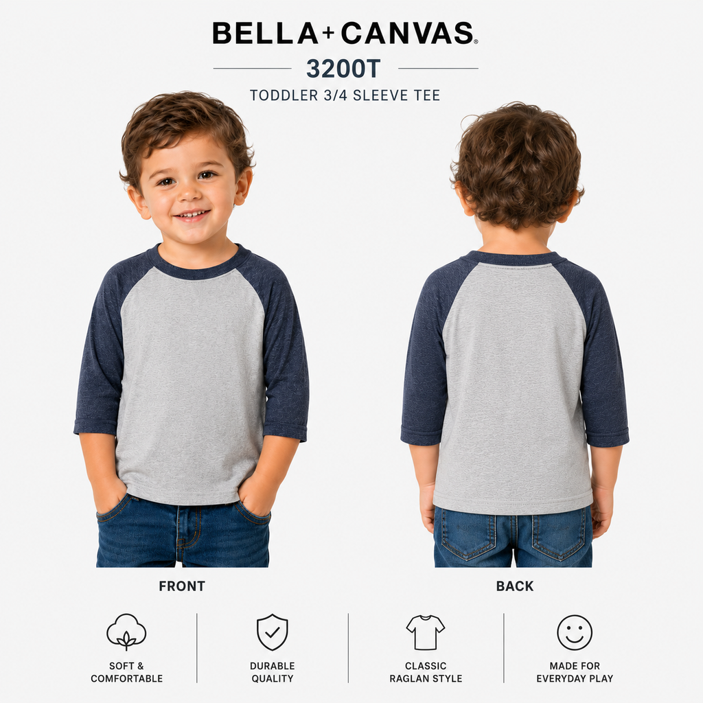 Bella + Canvas Toddler 3/4 Sleeve Baseball Tee (3200T)