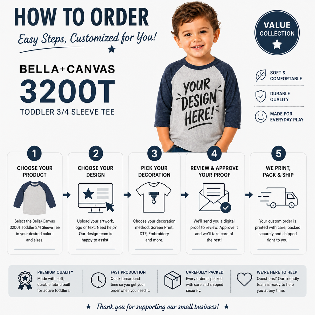 Bella + Canvas Toddler 3/4 Sleeve Baseball Tee (3200T)