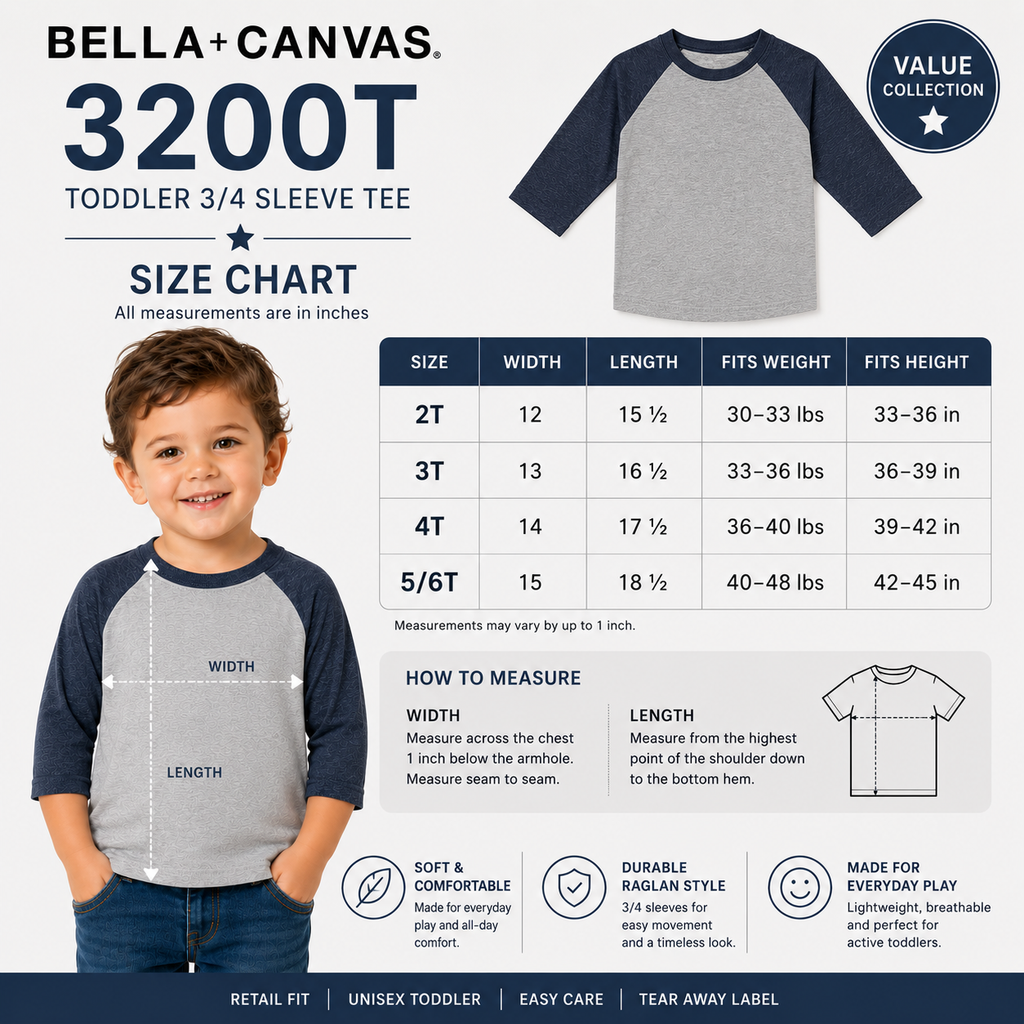 Bella + Canvas Toddler 3/4 Sleeve Baseball Tee (3200T)
